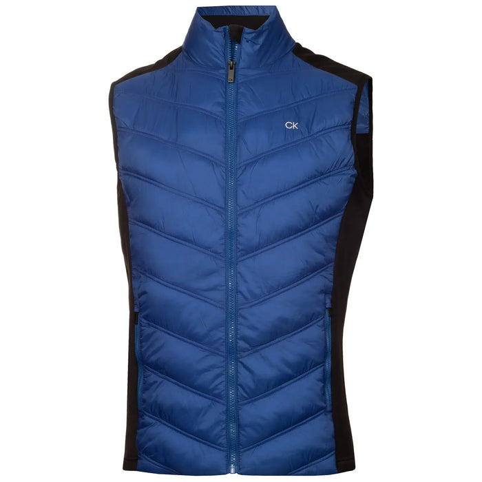A blue sleeveless jacket with a quilted pattern features a full front zipper and a high collar. The sides are black, providing contrast to the blue fabric.