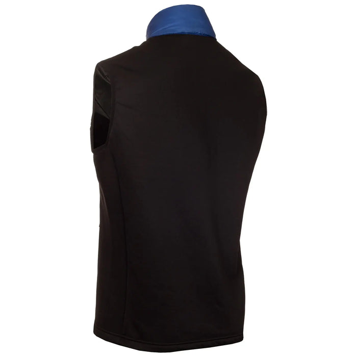 A sleeveless black garment with a blue collar is displayed from the back showcasing a simple design and fitted style suitable for casual or sporty contexts.