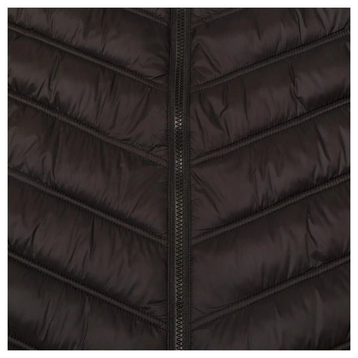 A black puffer jacket features a chevron pattern with a front zipper, designed for warmth and insulation, suitable for cold weather or outdoor activities.