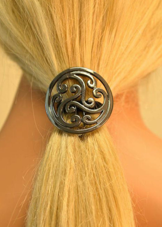 Model wearing Celtic Hair Hook - Gun Black Ponytail Holder for Women