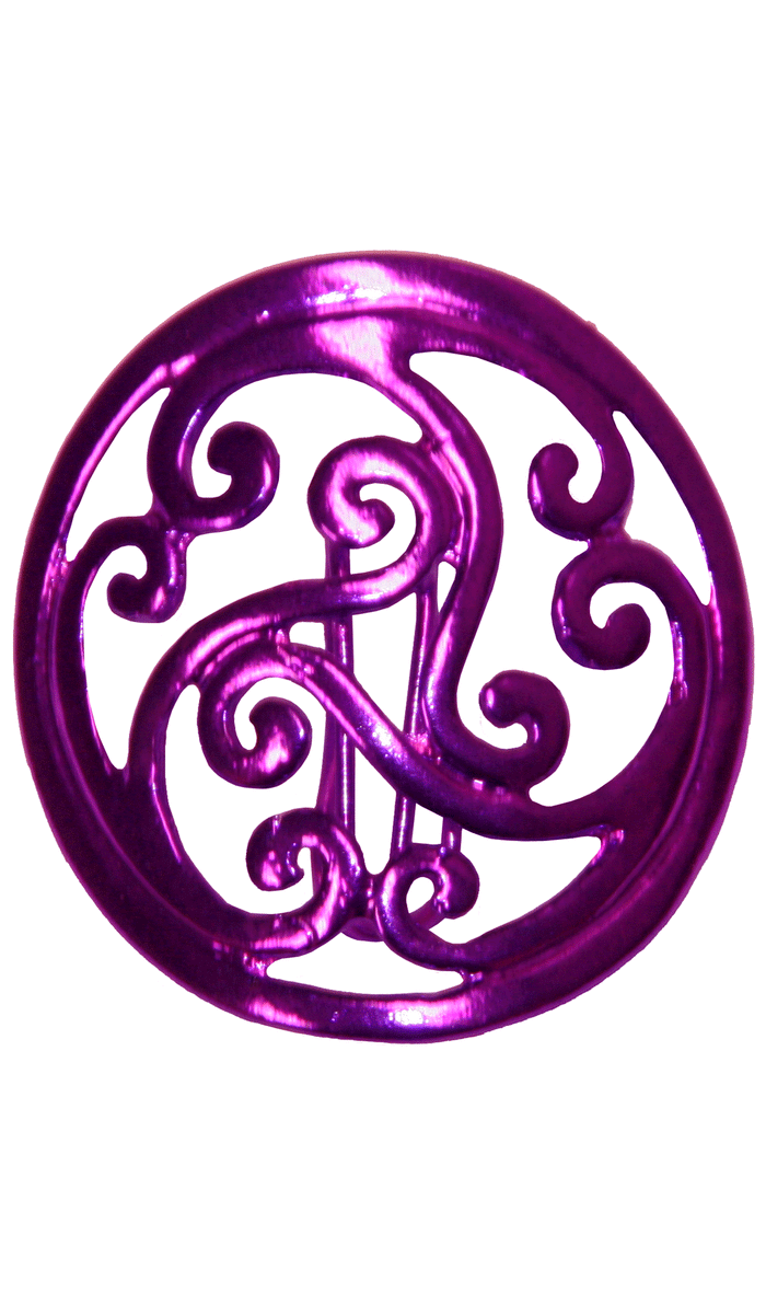 Purple Celtic circle hair hook with scroll design, front view
