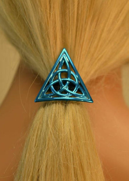 Model wearing Celtic Triangle Hair Hook - Blue Ponytail Accessory for Women