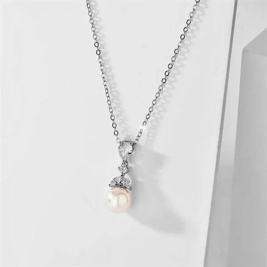 Pearl Wedding Jewelry - Pearl and Cubic Zirconia Bridal Necklace - Available in Rose Gold and Silver