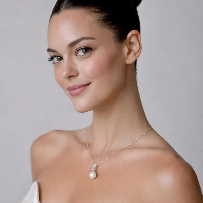 Pearl Wedding Jewelry - Pearl and Cubic Zirconia Bridal Necklace - Available in Rose Gold and Silver