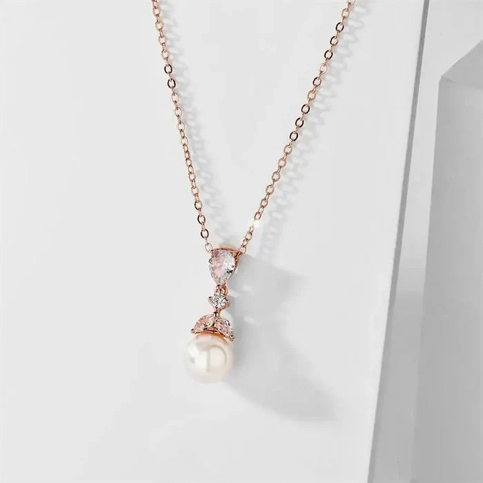 Pearl Wedding Jewelry - Pearl and Cubic Zirconia Bridal Necklace - Available in Rose Gold and Silver