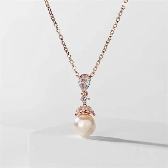 Pearl Wedding Jewelry - Pearl and Cubic Zirconia Bridal Necklace - Available in Rose Gold and Silver