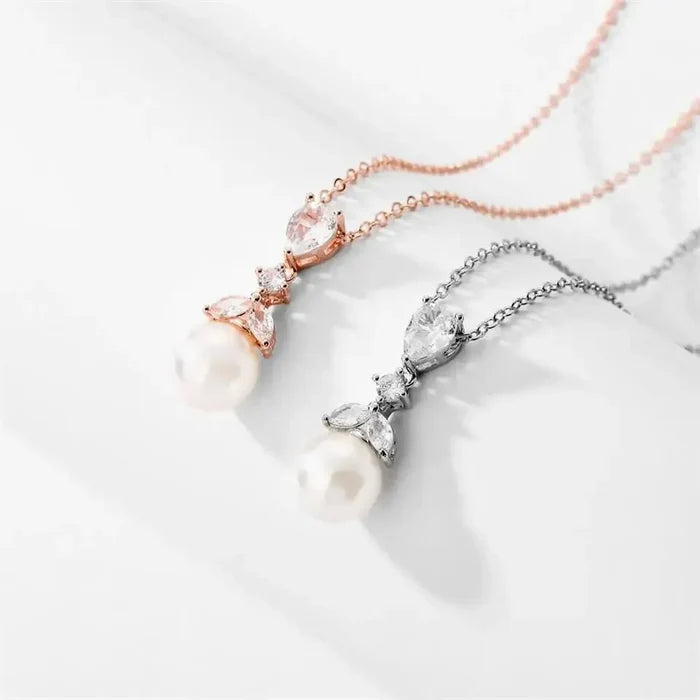 Pearl Wedding Jewelry - Pearl and Cubic Zirconia Bridal Necklace - Available in Rose Gold and Silver