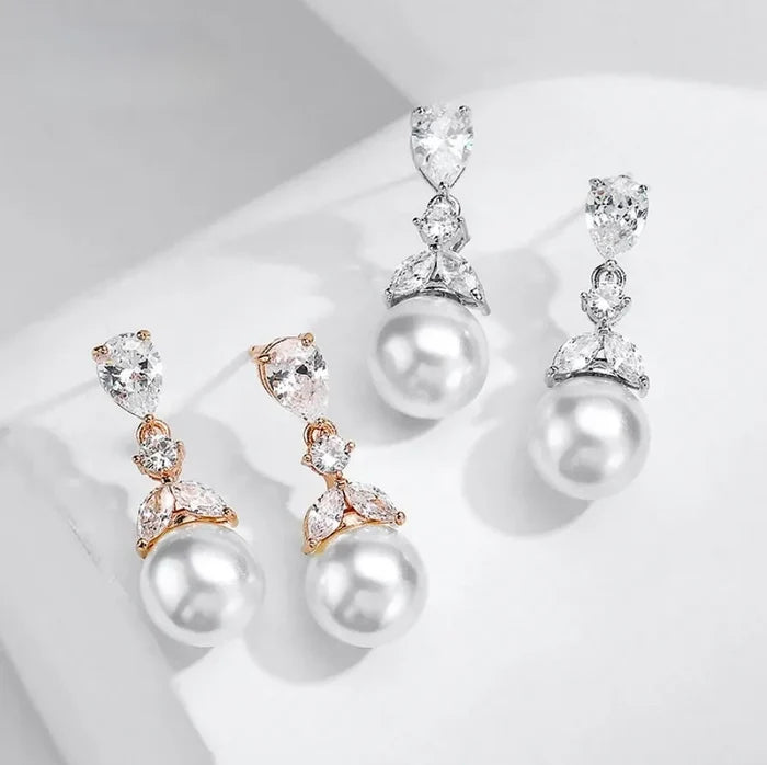 Pearl Wedding Jewelry - Pearl and Cubic Zirconia Bridal Necklace - Available in Rose Gold and Silver
