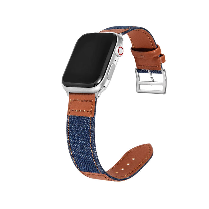Chic Denim Leather Fusion Band For Apple Watch — Unique Design: Stand out with this distinctive denim and leather patchwork band, blending classic elegance with modern style.
