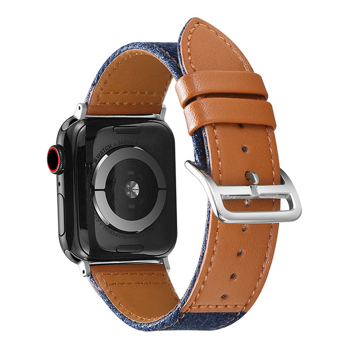 Chic Denim Leather Fusion Band For Apple Watch — Unique Design: Stand out with this distinctive denim and leather patchwork band, blending classic elegance with modern style.