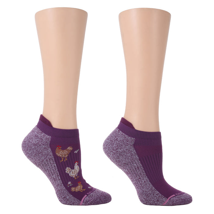 Purple ankle compression socks featuring chicken designs on the front and a textured pattern on the sides.