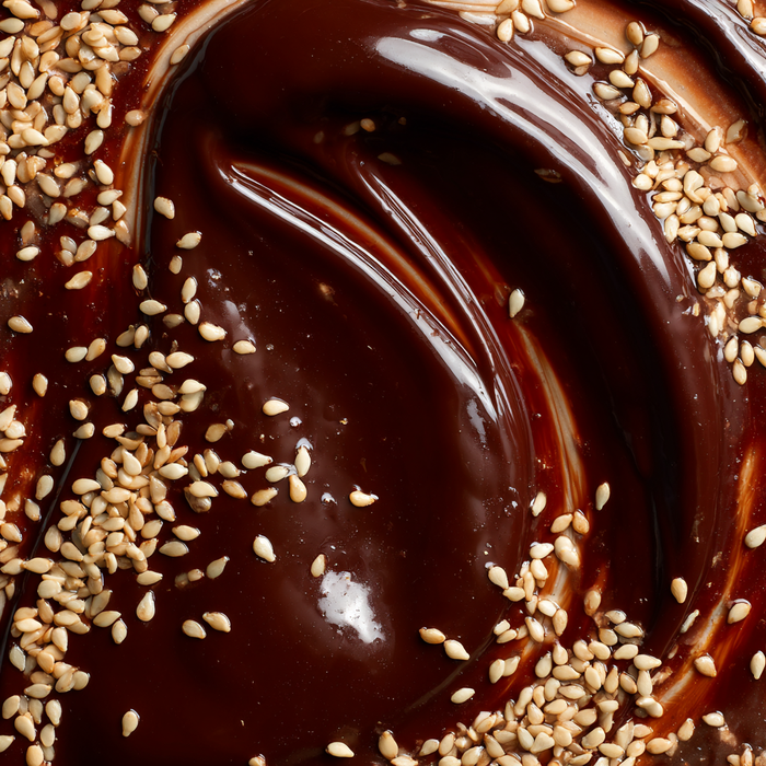 Close-up of a dessert with chocolate sauce and sesame seeds