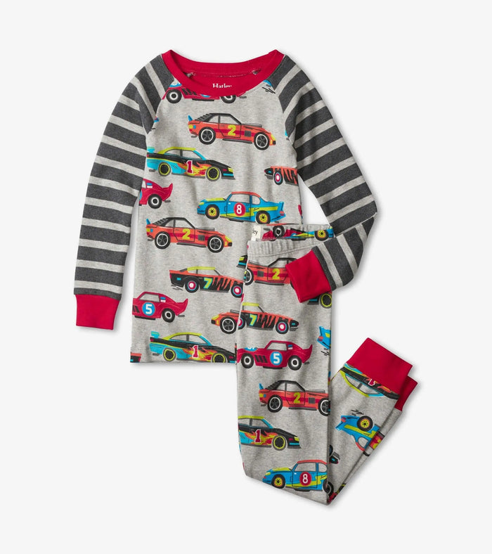 Hatley boys Classic Race Cars organic cotton raglan pajama set in Gray/Red with matching pants.