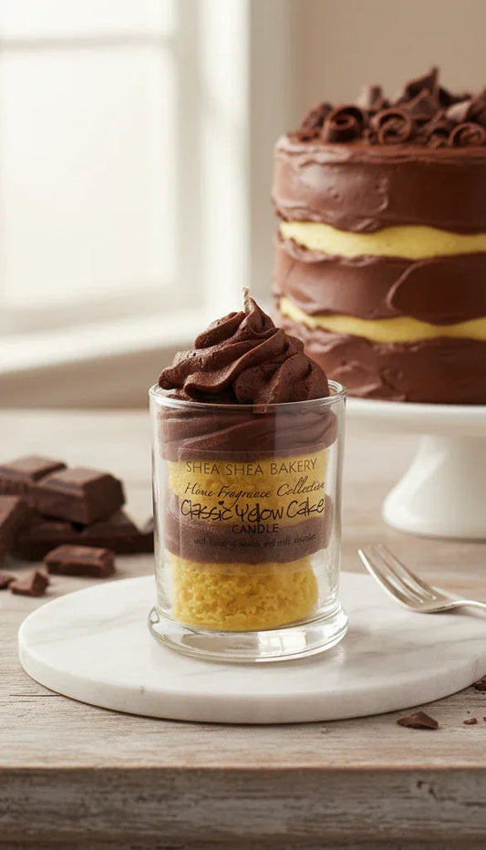 Classic yellow cake candle in a glass jar with chocolate frosting design, layered cake in background