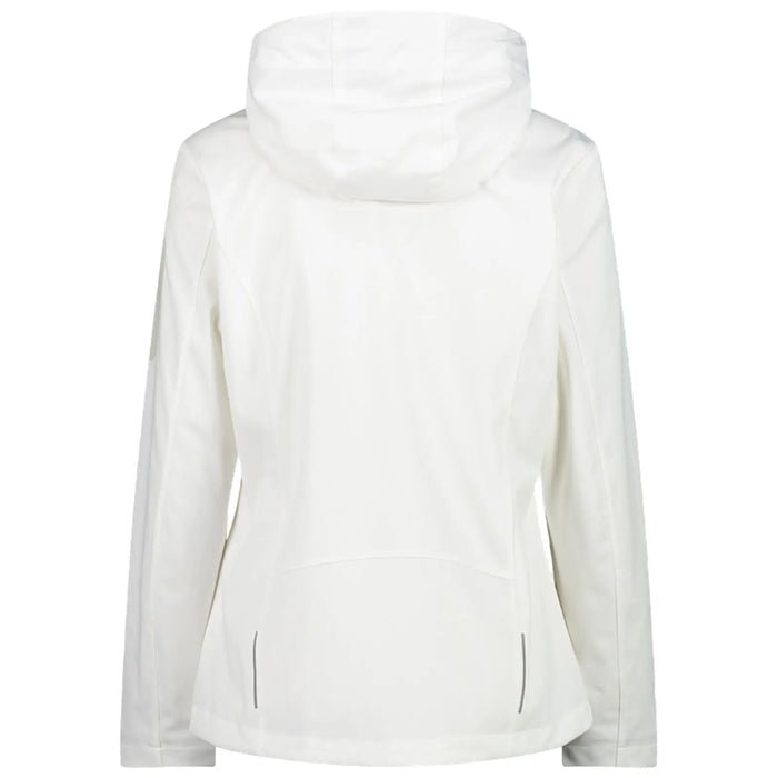 A white hooded jacket is displayed with its back facing the viewer showcasing a sleek design and smooth fabric suitable for outdoor activities or casual wear.