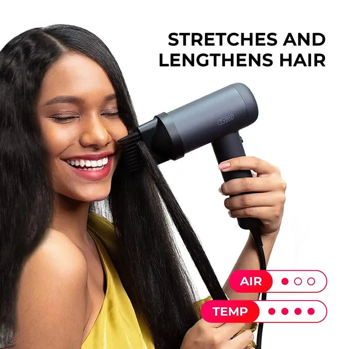 TYMO AIRHYPE comb nozzle, part of a dyson alternative hair dryer, shown stretching hair for lengthening and smoothing.