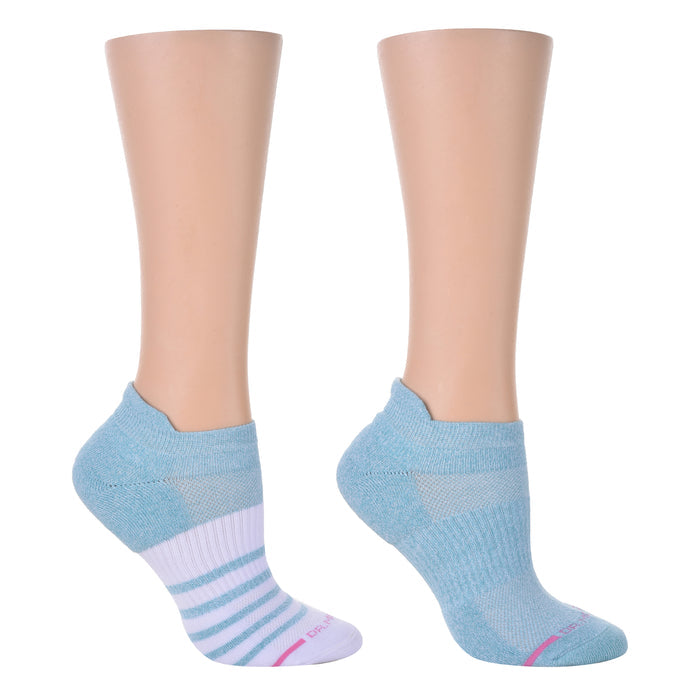 Ankle compression socks in light blue with a striped design and solid color sections.