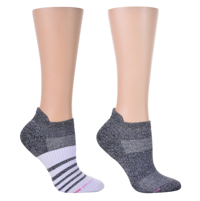 Ankle compression socks featuring a contrast stripe design in gray and white, displayed on mannequin legs.
