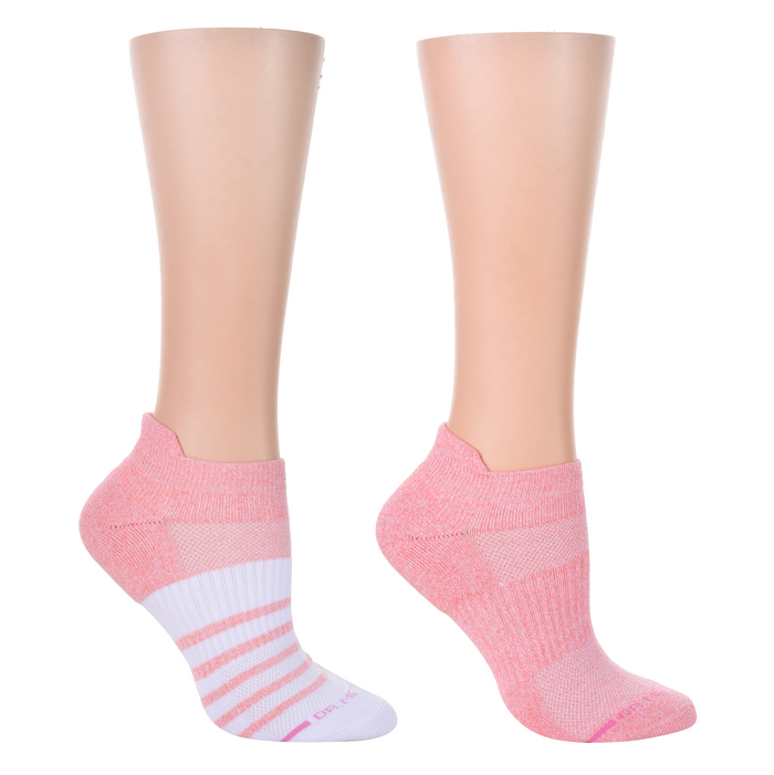 Ankle compression socks in pink with contrasting white and pink stripes, displayed on mannequin legs.