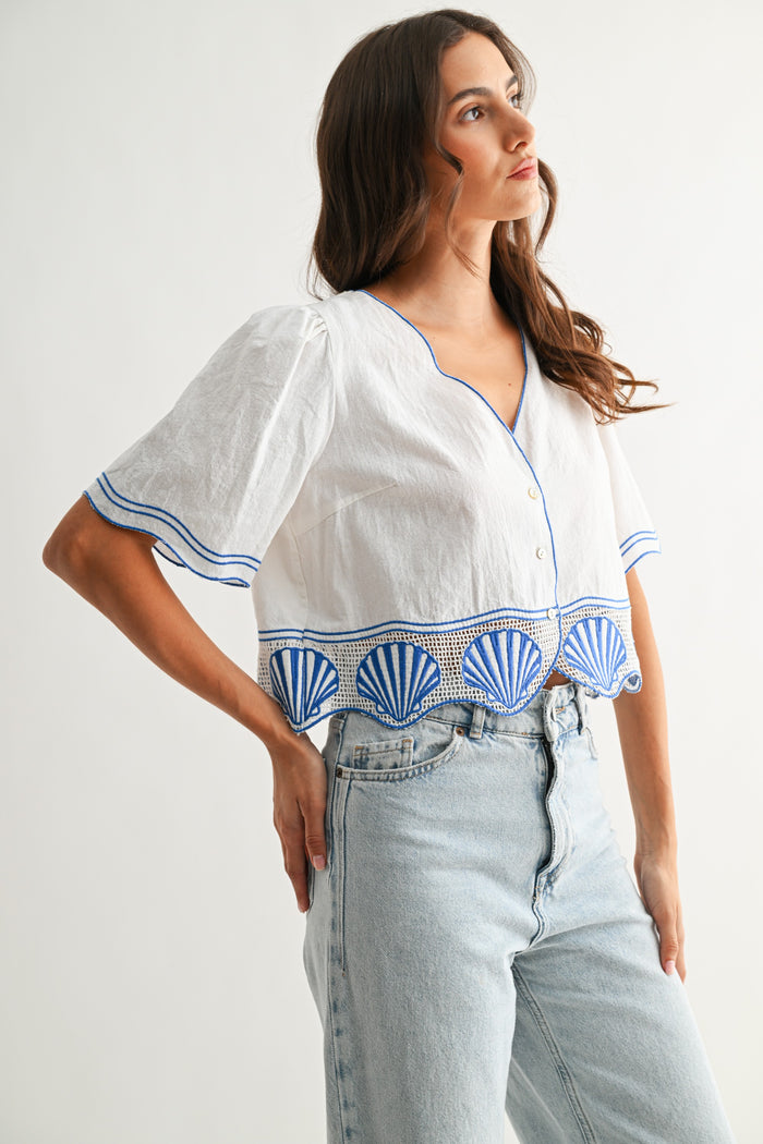 Cotton Crop Top With Shell Embroidered