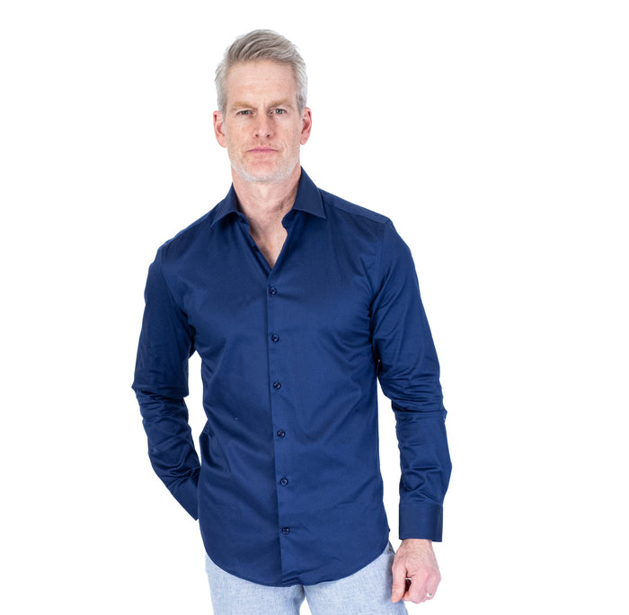 Cotton Satin Finish Solid Dress Shirt - Navy
