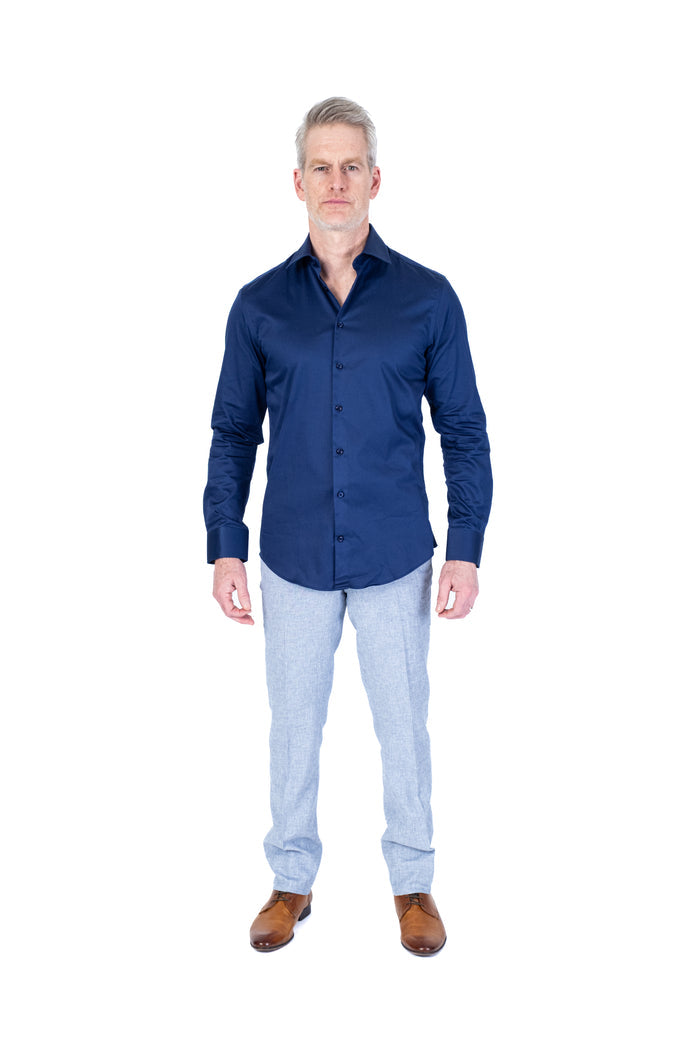 Cotton Satin Finish Solid Dress Shirt - Navy