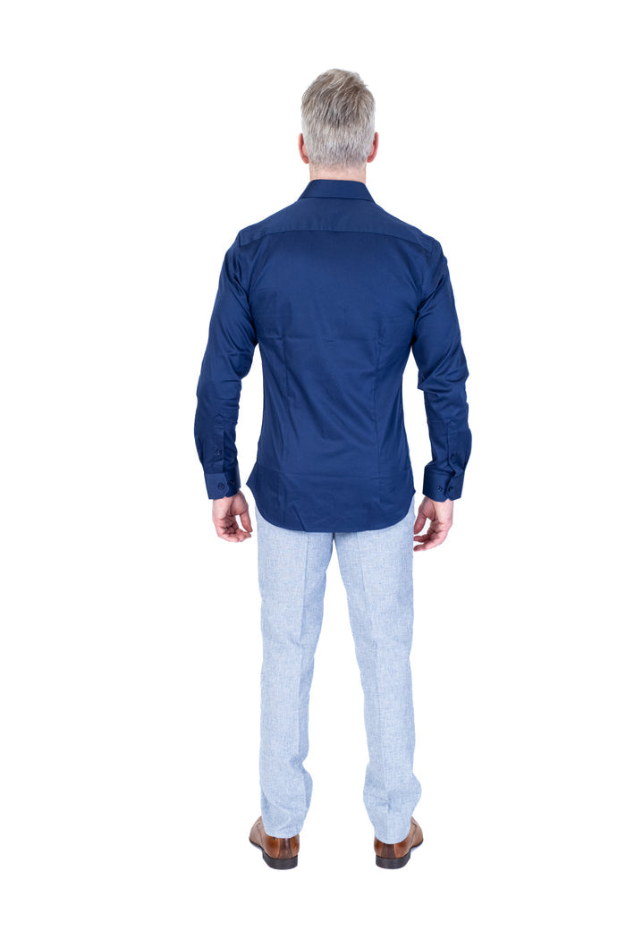 Cotton Satin Finish Solid Dress Shirt - Navy