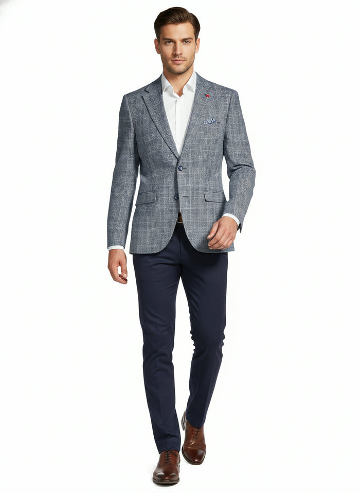 Cotton/Linen Large Check Blazer - Navy