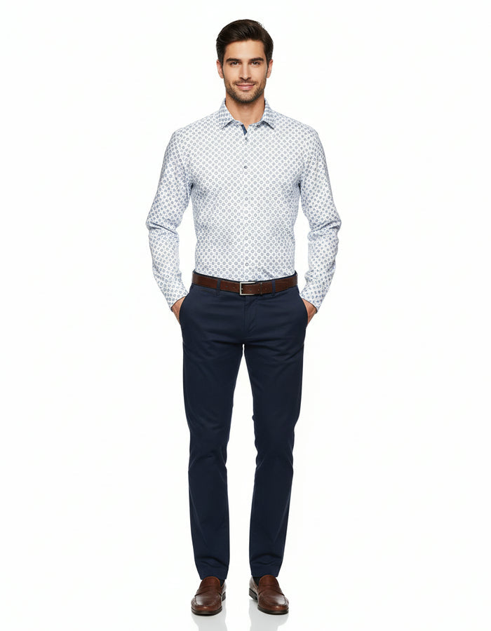 Cotton/Stretch Circle Print Sport Shirt - Blue