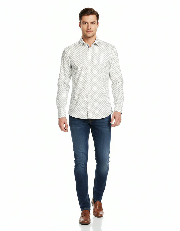 Cotton/Stretch Circle Print Sport Shirt - Sage
