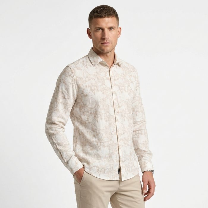 Cotton/Stretch Floral Print Knit Sport Shirt - Tan