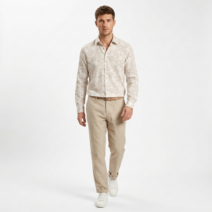 Cotton/Stretch Floral Print Knit Sport Shirt - Tan