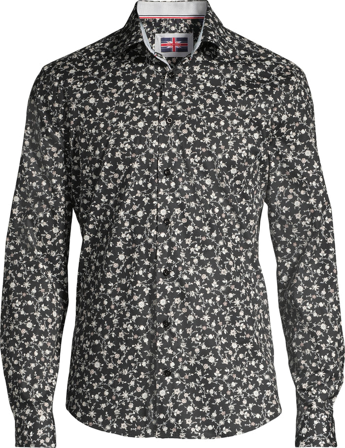 Cotton/Stretch Floral Print Sport Shirt - Black