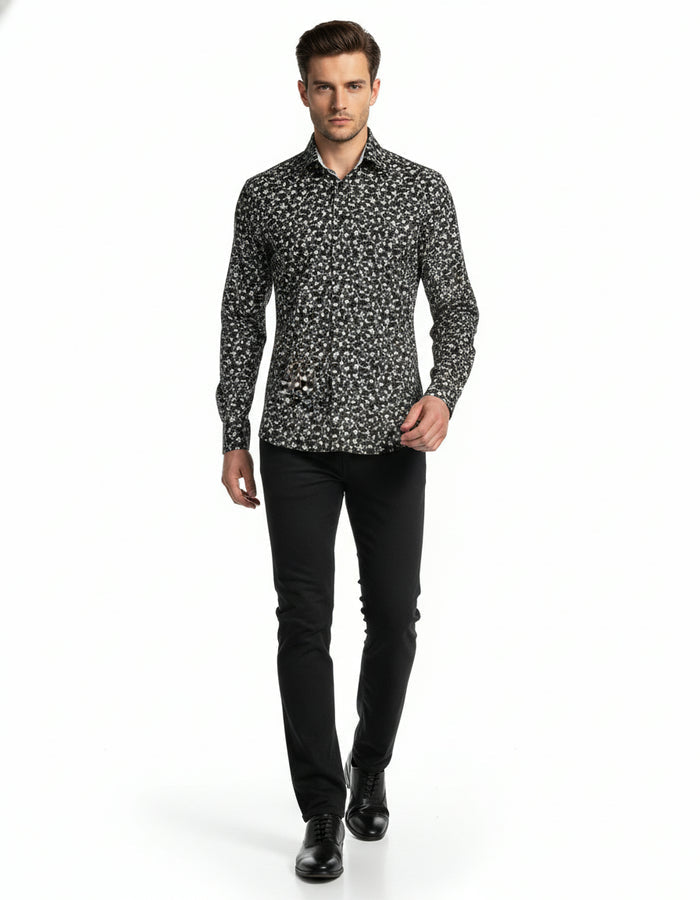 Cotton/Stretch Floral Print Sport Shirt - Black