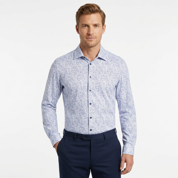 Cotton/Stretch Large Paisley Knit Sport Shirt - Blue