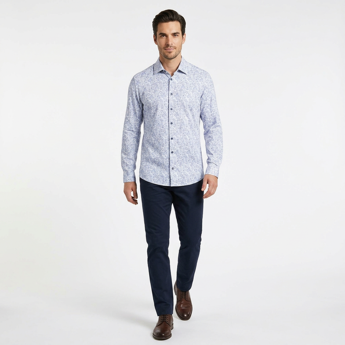 Cotton/Stretch Large Paisley Knit Sport Shirt - Blue