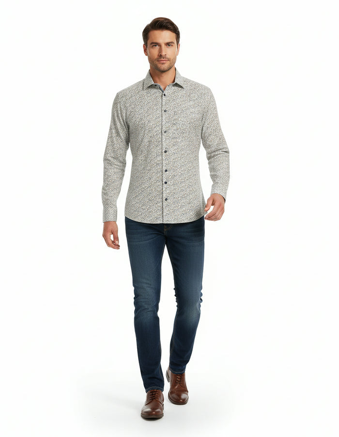 Cotton/Stretch Mini Floral Sport Shirt - Green