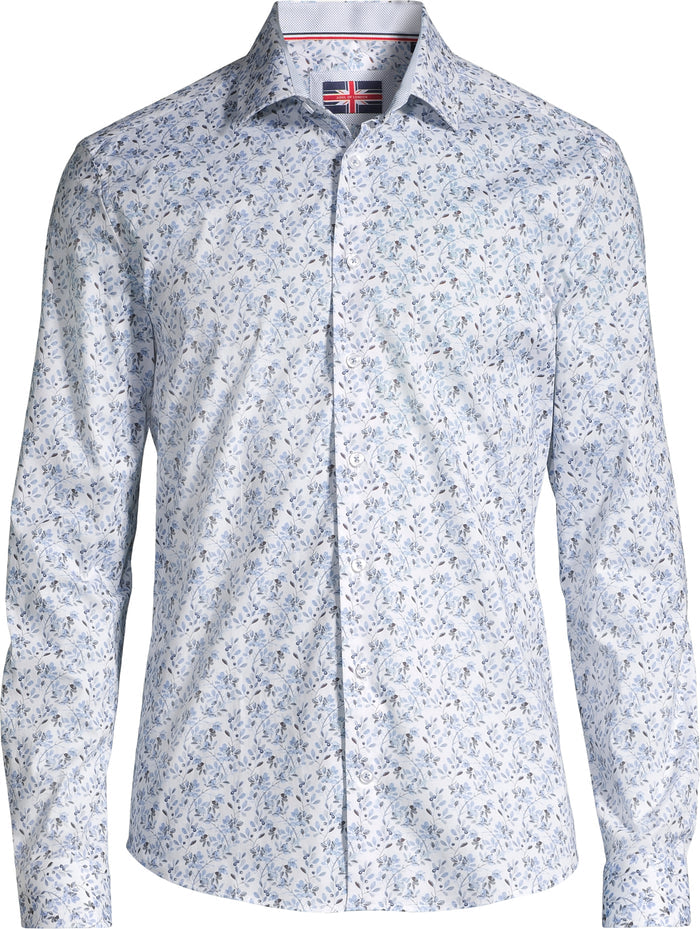 Cotton/Stretch Mini Floral Sport Shirt - Light Blue