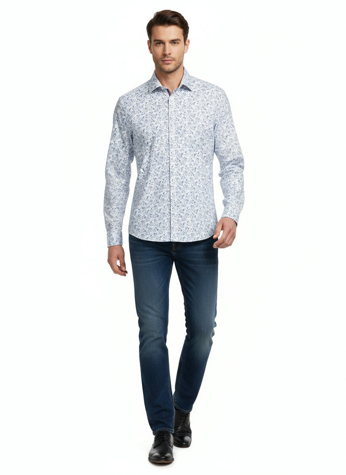 Cotton/Stretch Mini Floral Sport Shirt - Light Blue