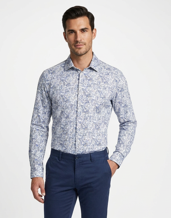 Cotton/Stretch Paisley Knit Sport Shirt - Blue