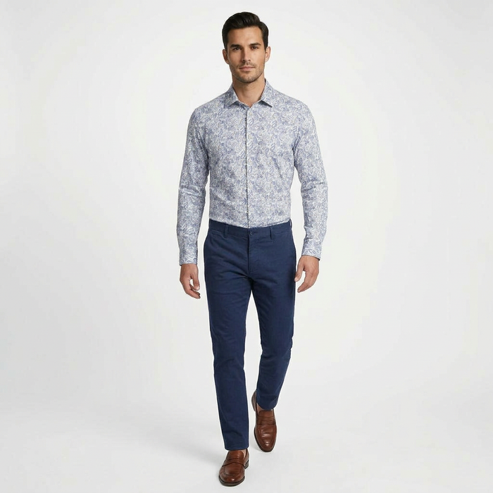 Cotton/Stretch Paisley Knit Sport Shirt - Blue