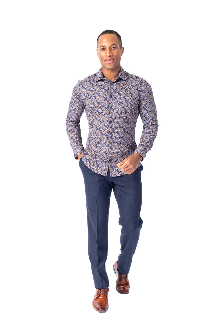 Cotton/Stretch Paisley Knit Sport Shirt - Navy