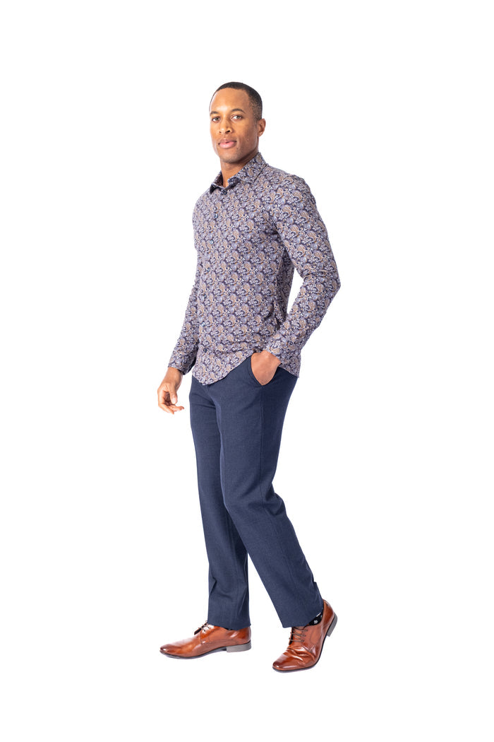 Cotton/Stretch Paisley Knit Sport Shirt - Navy
