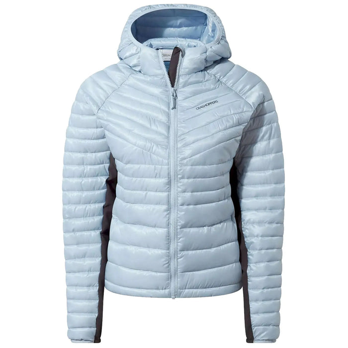 A light blue padded jacket with a hood is displayed front-facing featuring a zippered closure and contrasting dark side panels suitable for outdoor activities in cool weather.