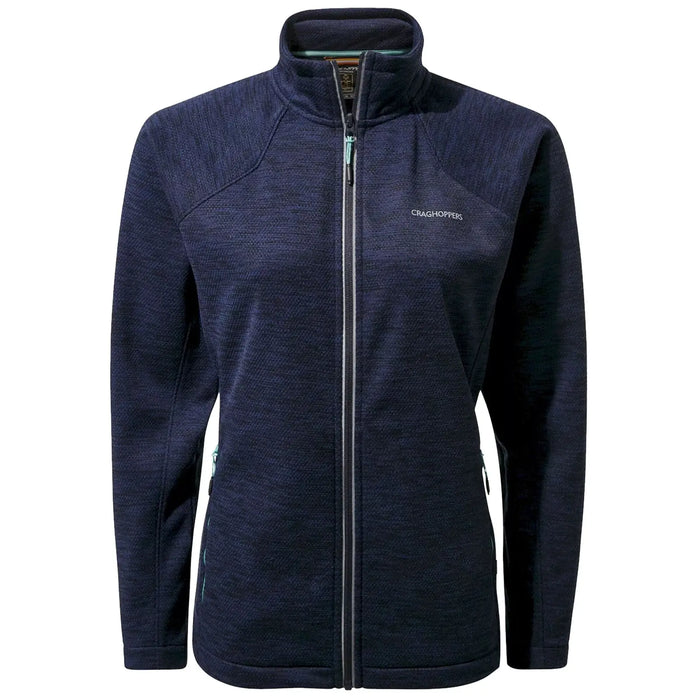 A navy fleece jacket with a high collar features a front zipper and two side pockets highlighting a lightweight design suitable for outdoor activities in a casual environment.