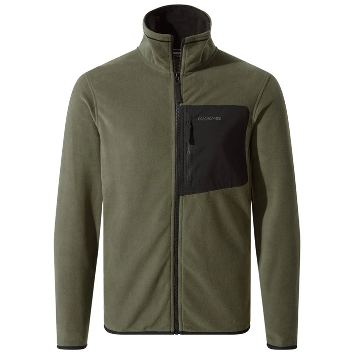 A green fleece jacket with a high collar features a black zippered pocket on the chest showcasing a smooth texture suitable for outdoor activities in cooler weather.