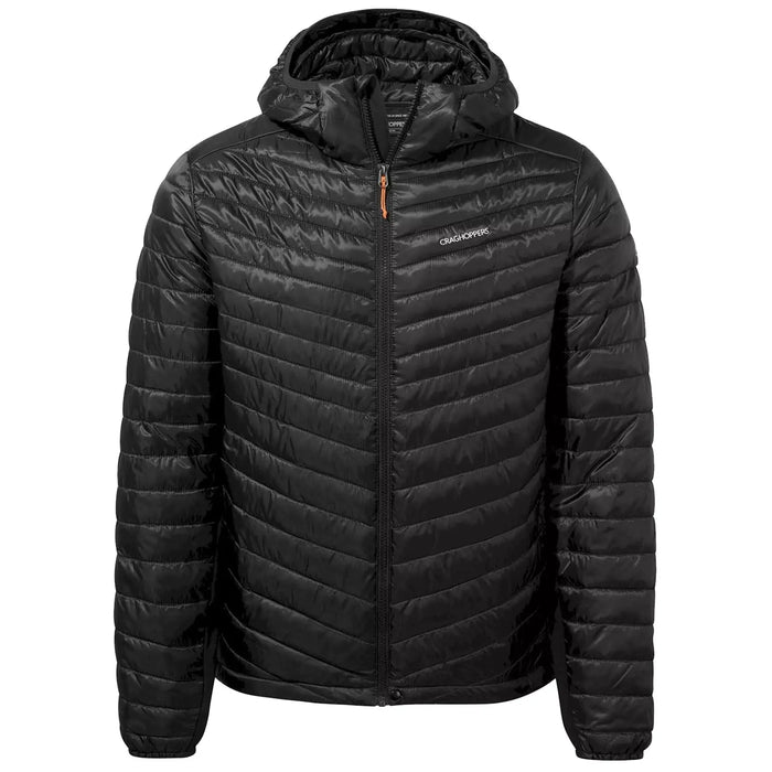 A black insulated jacket with a hood is displayed on a plain background showcasing its puffy, lined design and zipper front for warmth and comfort in cold environments.