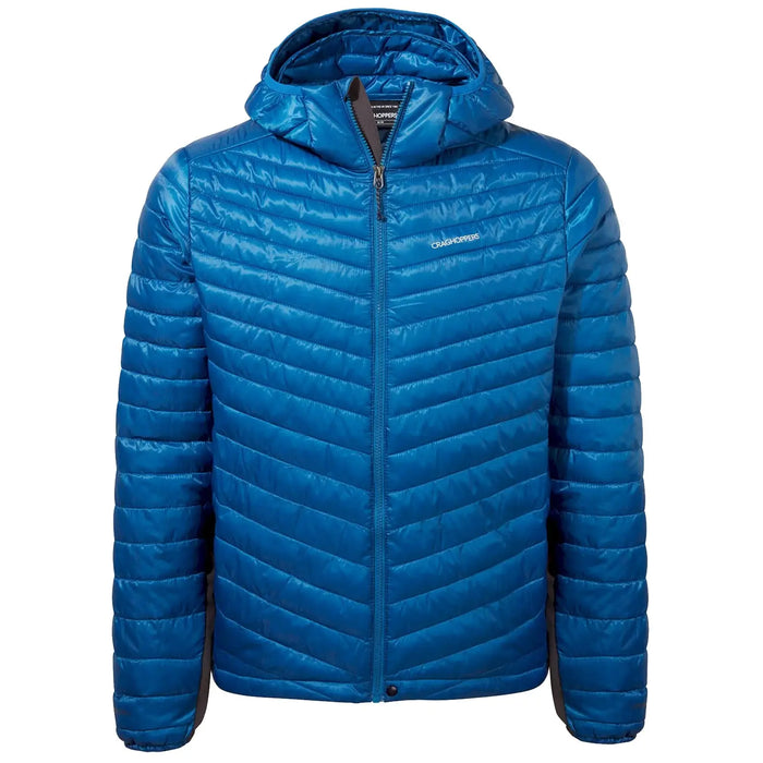 A bright blue insulated jacket hangs upright featuring a hood and a front zipper with a distinctive quilted pattern suitable for outdoor activities in cooler environments.