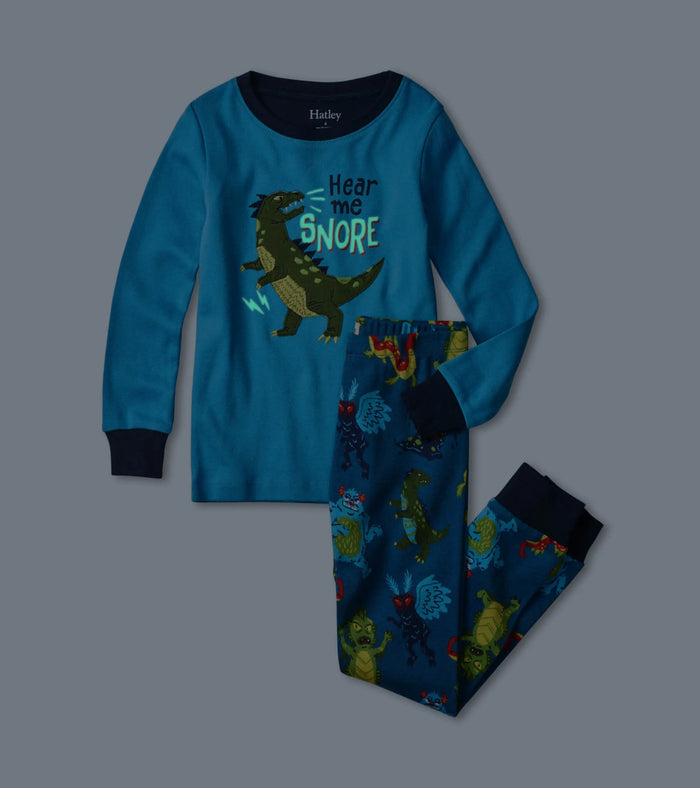 Hatley boys monster pajama set with cryptid appliqué top, glow-in-the-dark print, and soft cotton comfort.