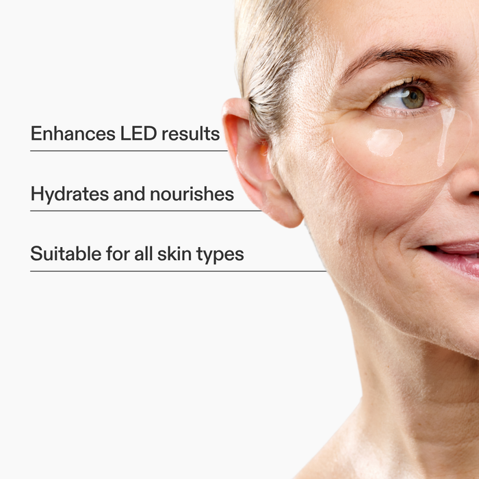 Woman wearing hydrogel eye patches and key features listed